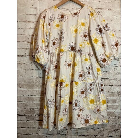 Bohme Prairie Dress Womens Medium Ivory Floral Puff Sleeve Boho Peasant Cottage - Picture 1 of 15